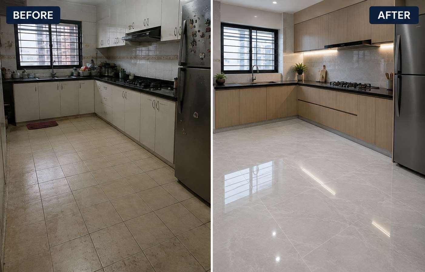 Modern kitchen tiling renovation project in Singapore